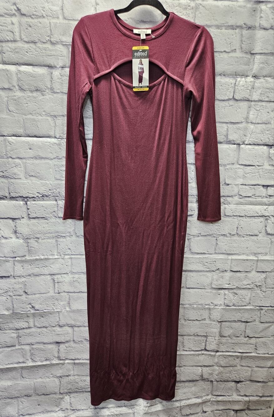 Edited by Remi Bader Burgundy Ribbed Cutout Long Sleeve Maxi Dress Womens M NWT